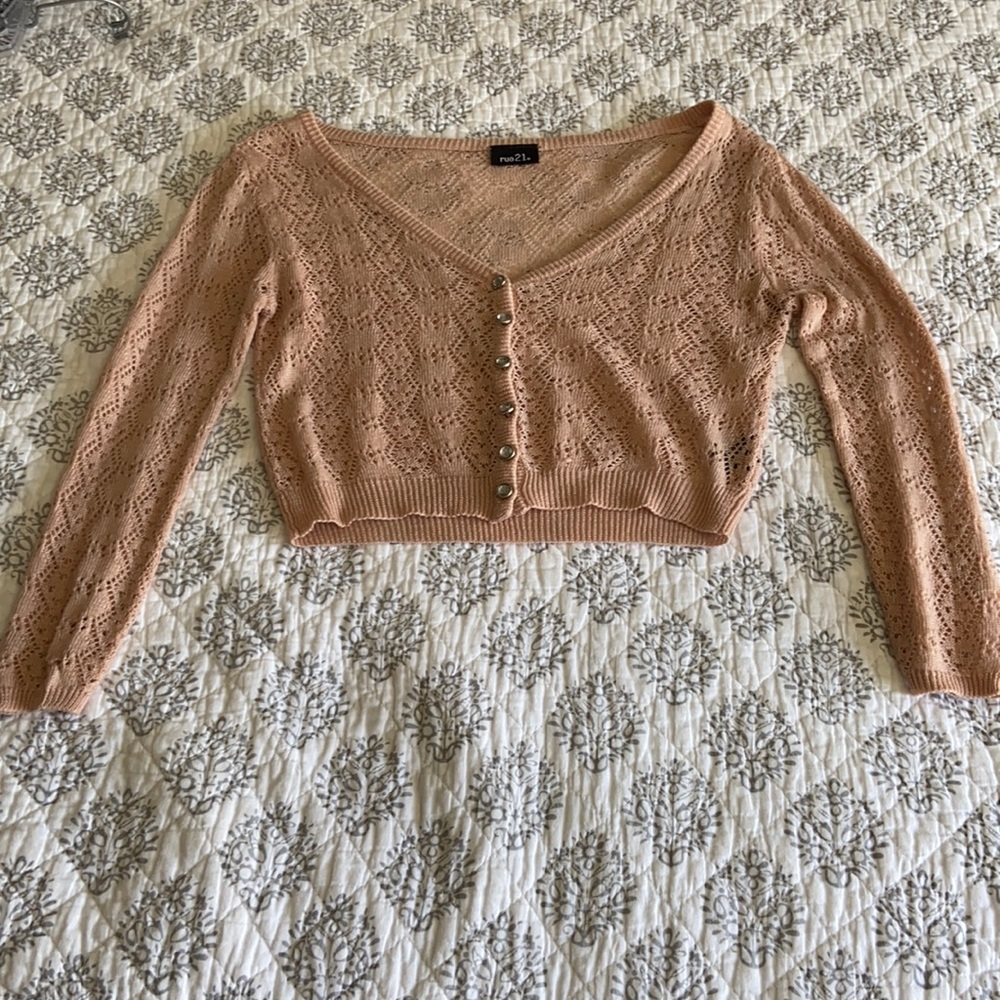 Pink Cropped Button-up Crochet Sweater S